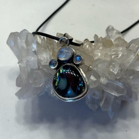 Moonstone and Dichroic Glass .925 Sterling Pendant - Picture 2 of 6